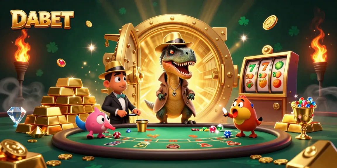 DABET showcases a thrilling blackjack table scene with a velociraptor and friends amidst riches.