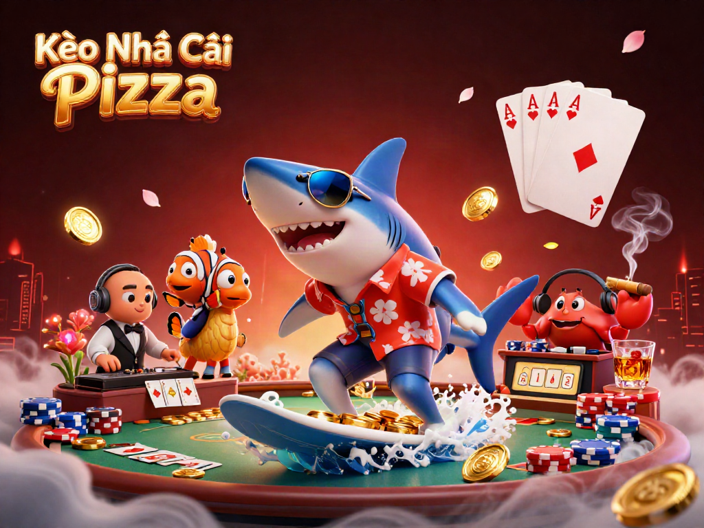 Experience the thrill of Kèo Nhà Cái Pizza through a vibrant 3D casino illustration showcasing fun characters and gaming elements.