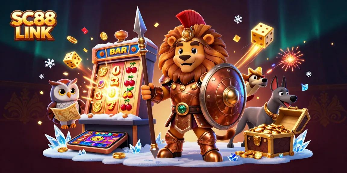 Experience SC88 LINK with the Spartan lion, a jackpot explosion, and tactical strategy in a vibrant casino scene.
