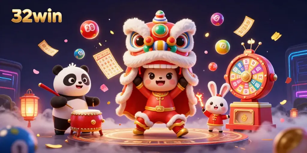 Experience the vibrant thrill of 32win with animated characters celebrating while engaging with exciting gambling elements.