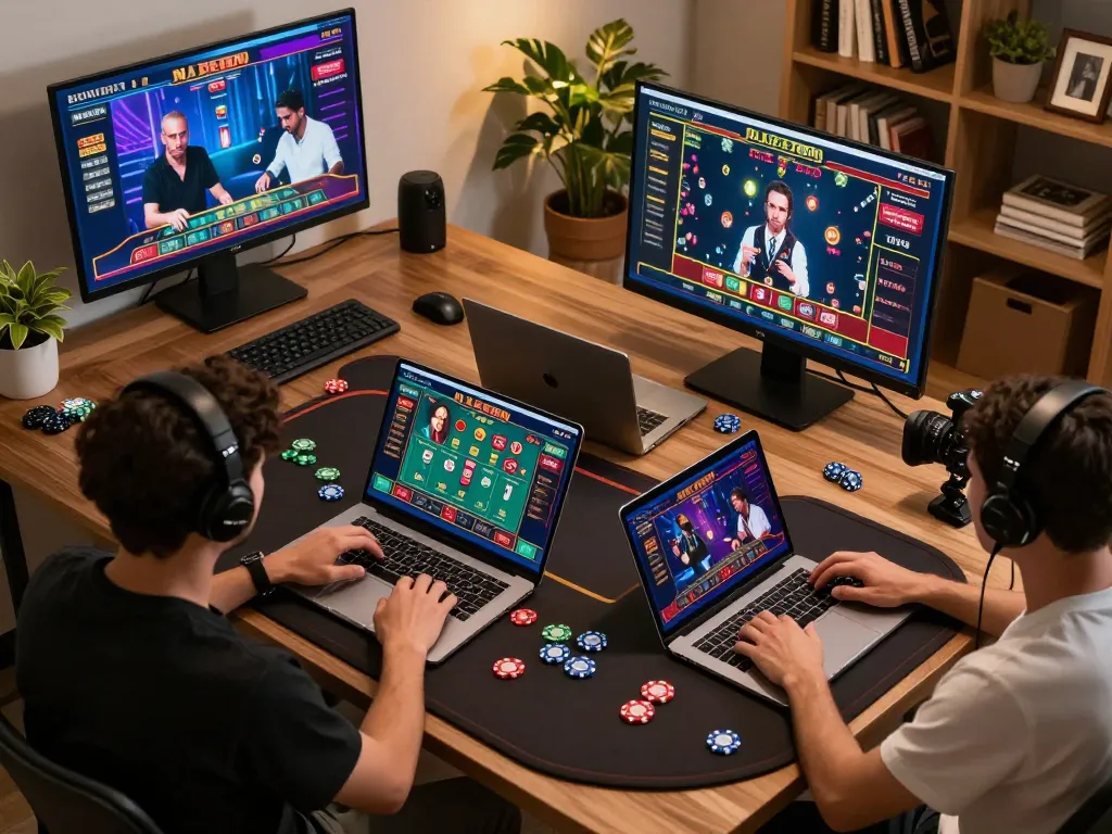 MPO08 Link engaging players in a strategic home gambling setup with live dealer games and modern technology.