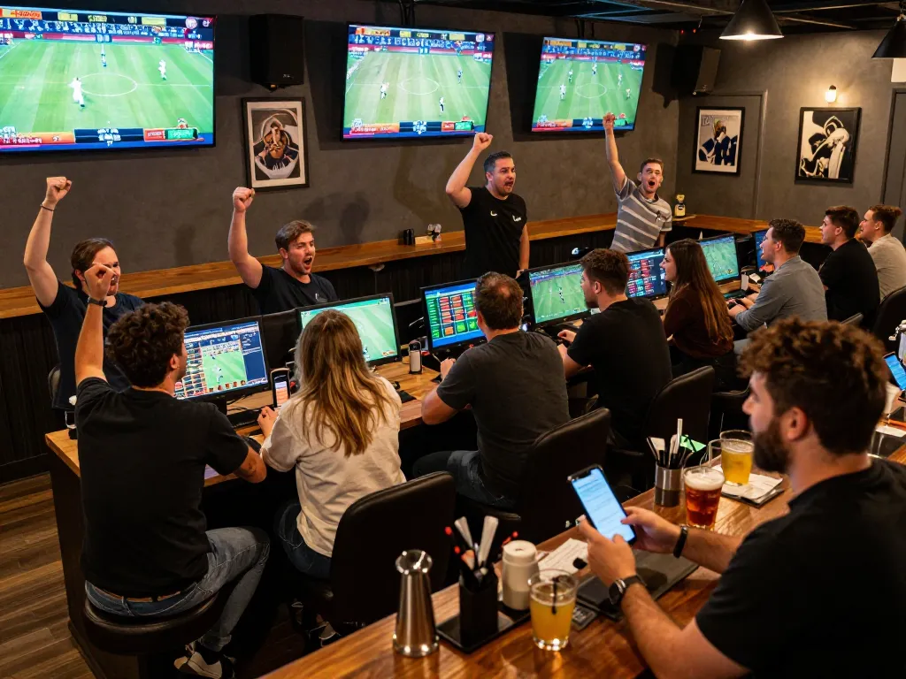 SC88 sports betting patrons engage dynamically, cheering and placing bets in modern sports bar.
