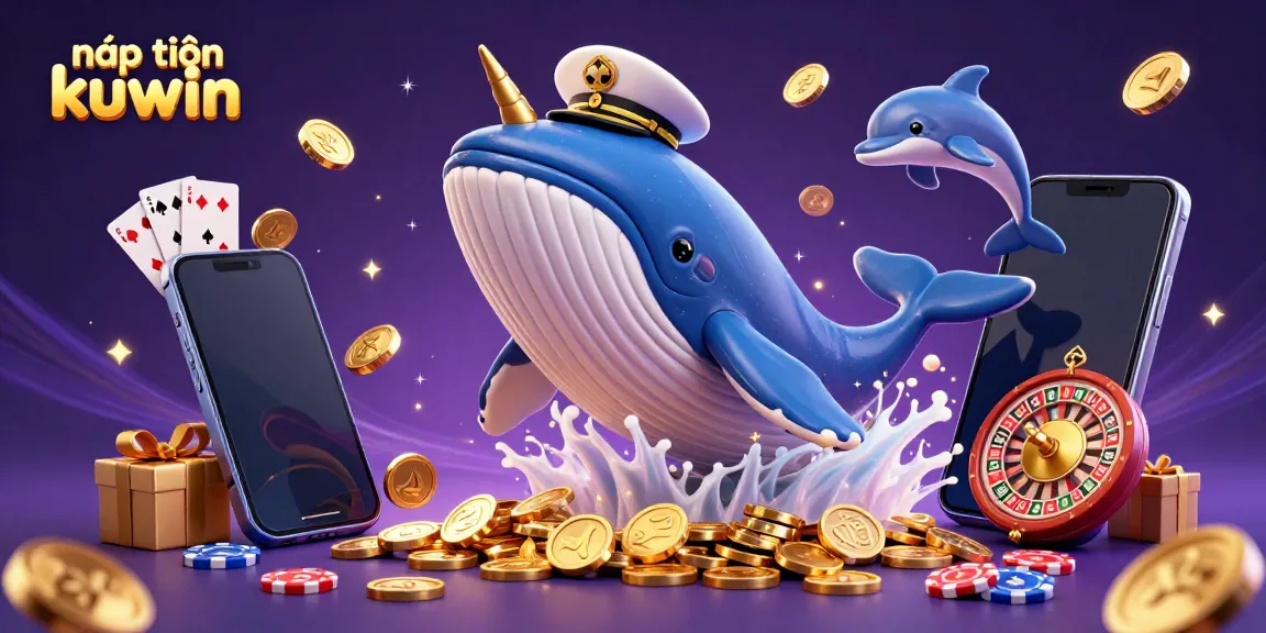 Engage in exciting gaming with nạp tiền kuwin as a gigantic whale breaches through coins with playful dolphins and unique slot game elements.