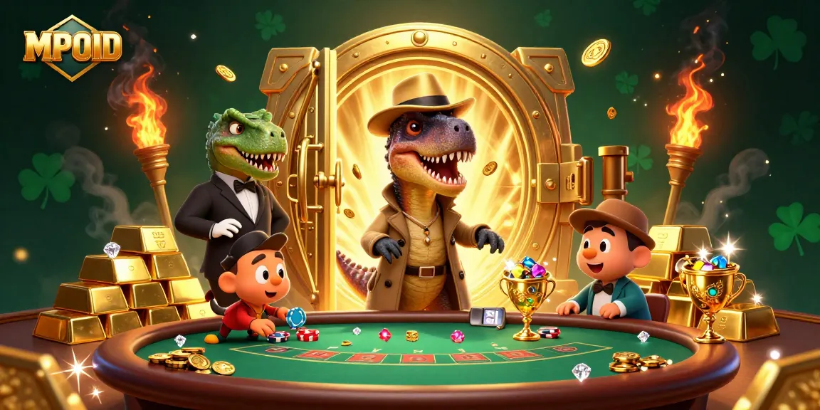 MPOID velociraptor card counter conspicuously at a blackjack table amid treasures, gems, and casino chaos.