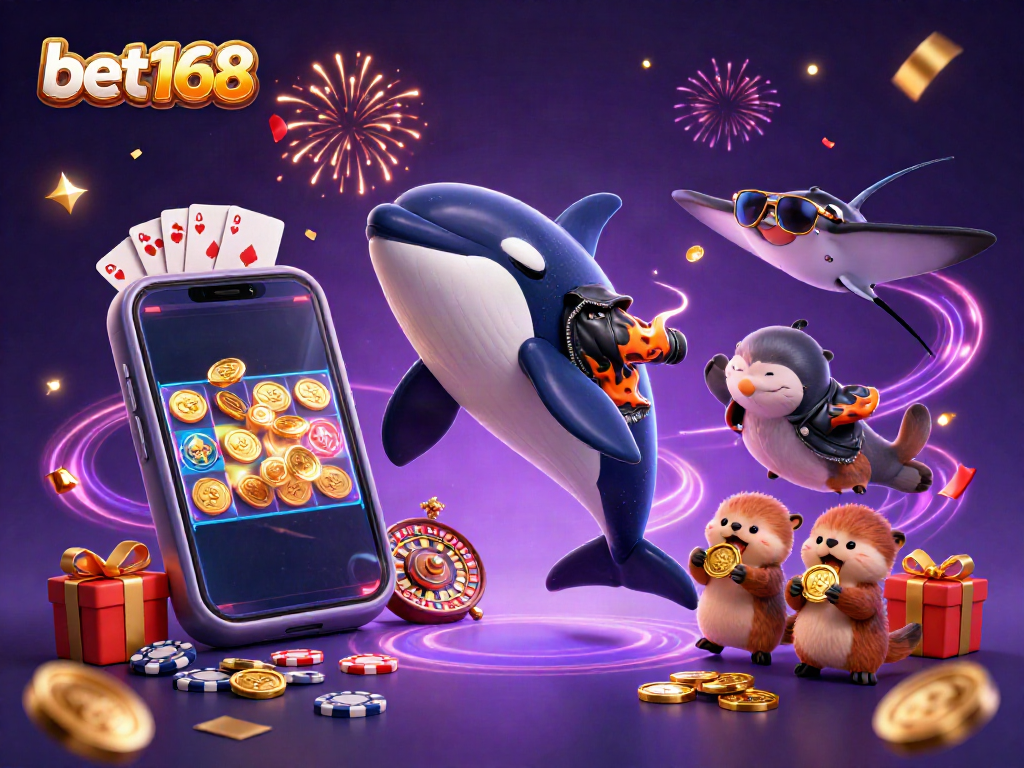 Experience excitement at bet168 with vibrant 3D characters celebrating while playing casino games.