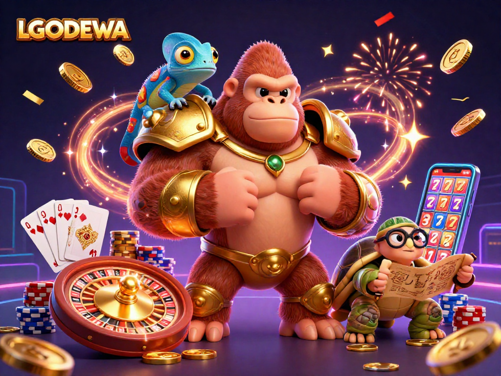 Experience winning excitement with LGODEWA featuring a gorilla king and a colorful chameleon in action.