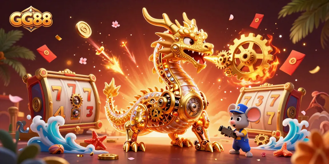 Experience GG88’s action-packed gaming world with a vibrant 3D dragon and dynamic slot game elements.