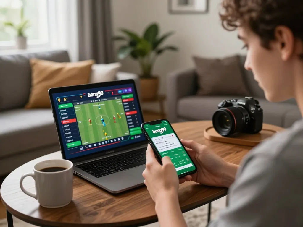 Bong99 user placing bets on a smartphone in a cozy living room, showcasing the excitement of online sports betting.