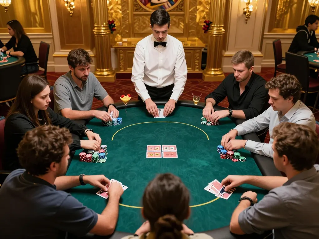 Mandy Roberts Yoga players strategizing during an intense poker game, showcasing vibrant casino atmosphere.