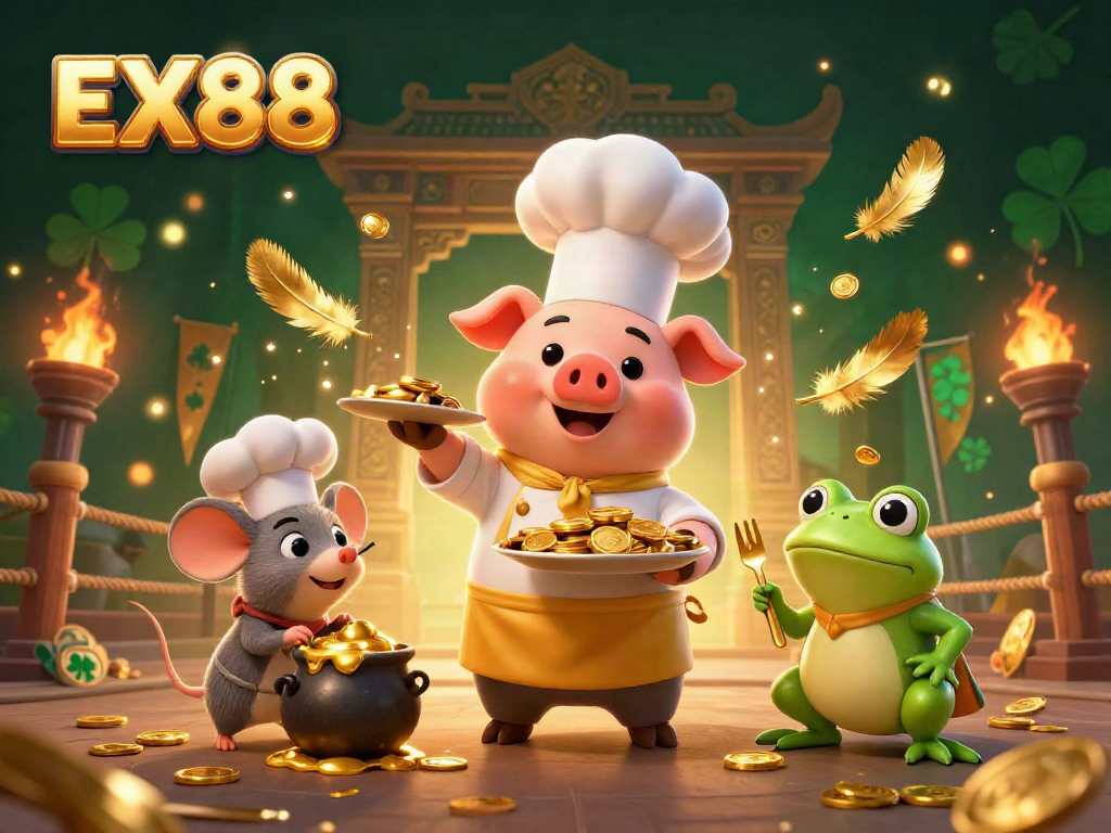 Engaging scene with EX88 characters including a chef pig, sous-chef mouse, and critic frog amidst casino elements.