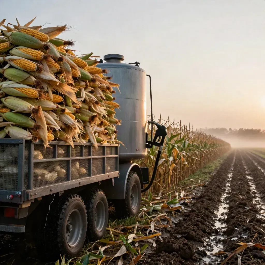 Corn wall, ethanol tank and fuel nozzle at a misty dawn field edge.