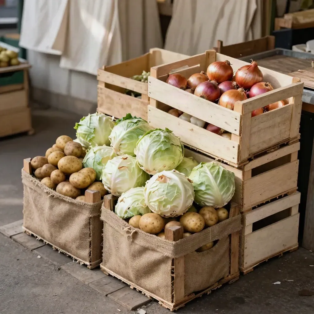 Sparse market stall with potatoes, cabbages and onions in half-empty crates, warm daylight.