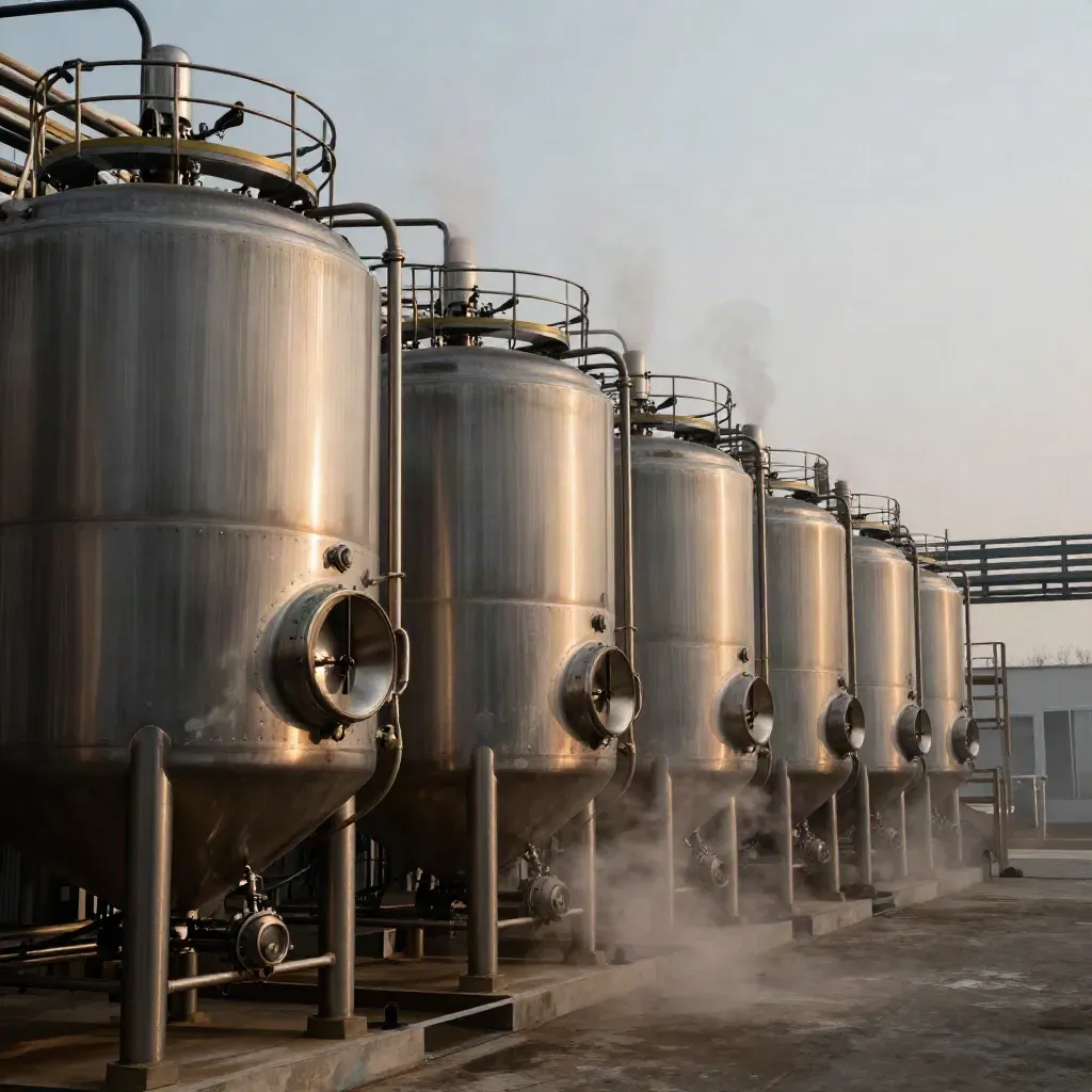 Stainless fermentation tanks and a vent stack breathing white vapor at a corn ethanol plant.