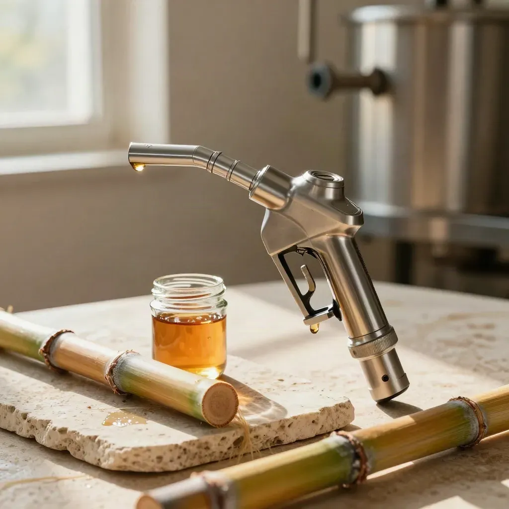 Biofuel nozzle, amber fuel jar and cane stalks on pale stone in warm morning light.
