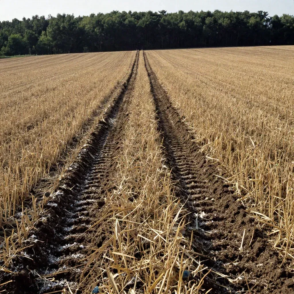 Fresh tractor tracks cut through corn stubble into pasture beside a dark hedgerow in summer haze.