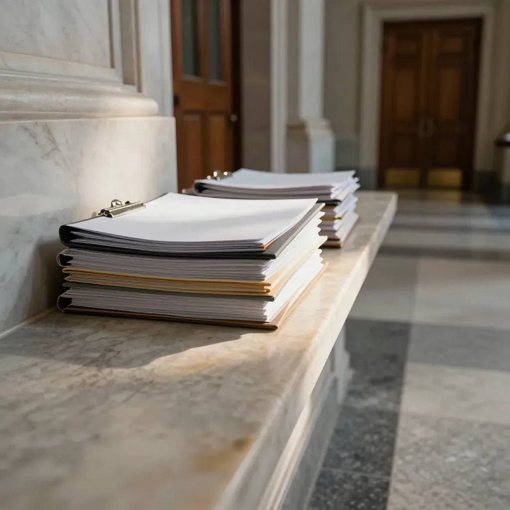 Empty capitol corridor with briefing folders on a bench and light under a closed committee door.