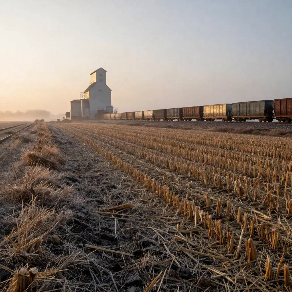 Harvested cornfield, grain elevator, and freight line in cold dawn mist