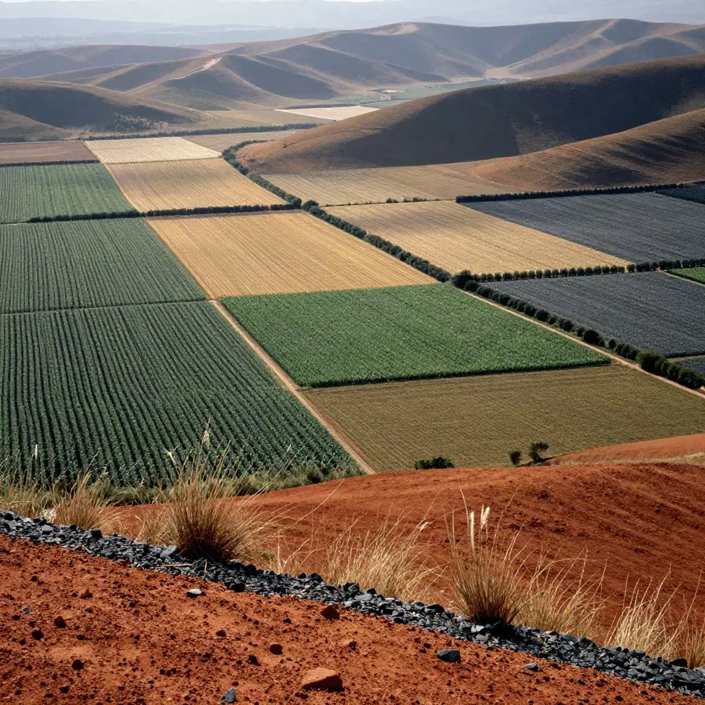 Hillside view of patchwork cane, corn, and soybean fields under summer haze