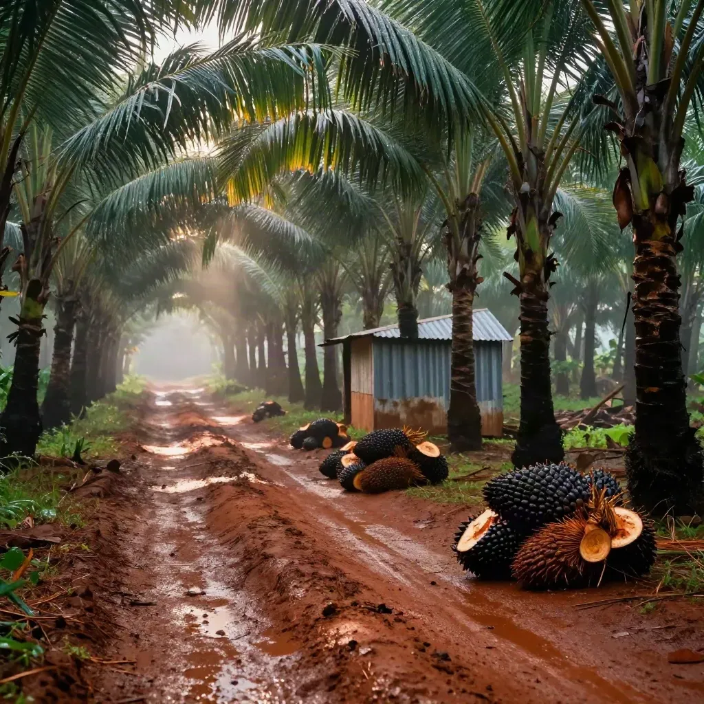 Rain-soaked oil palm track with fruit bunches, a small mill, and misty red soil in morning haze.