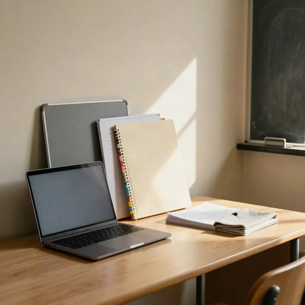 Classroom teaching materials beside a closed laptop in a sunlit quiet room.