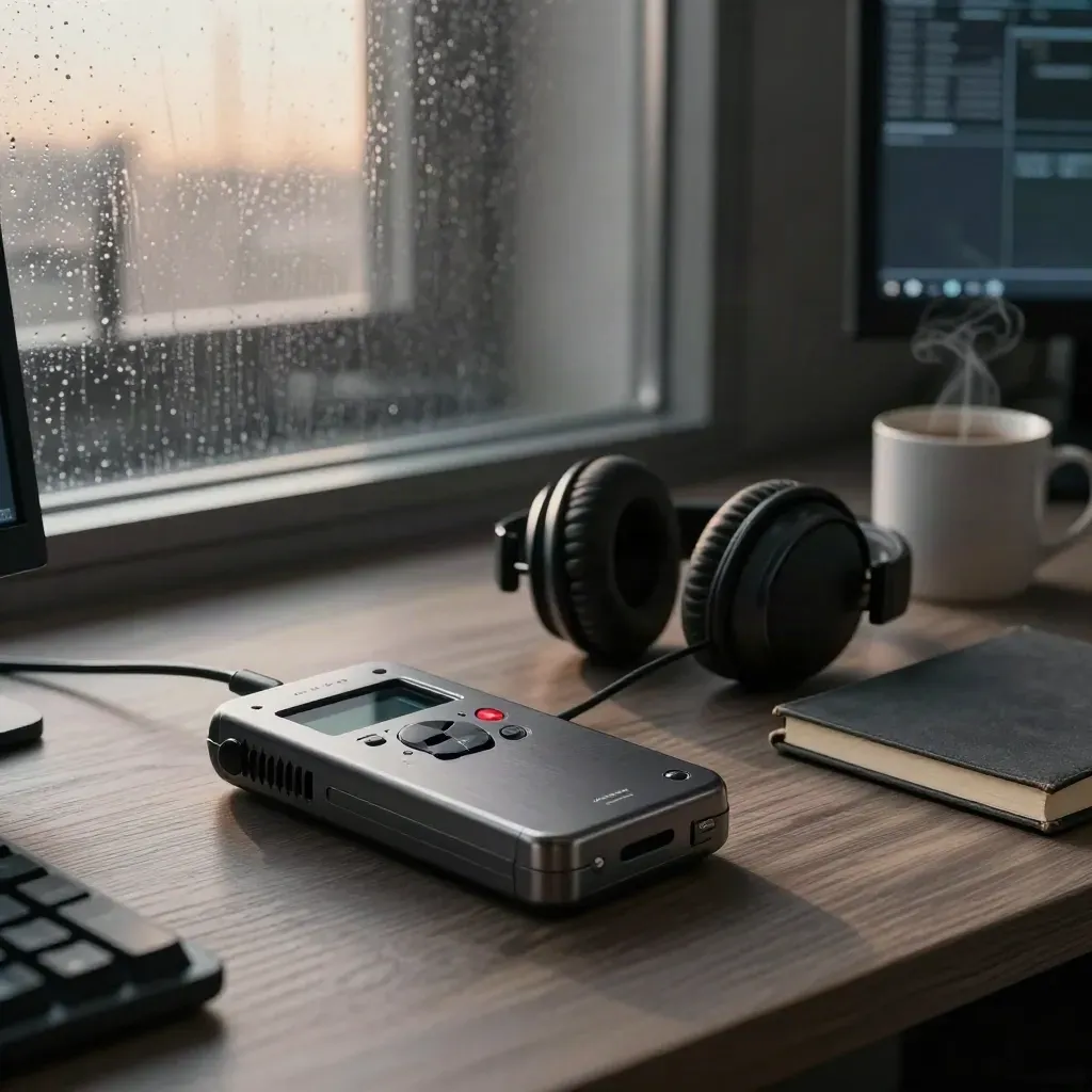 Newsroom desk with recorder, headphones, notebook, and coffee mug in moody dawn light.