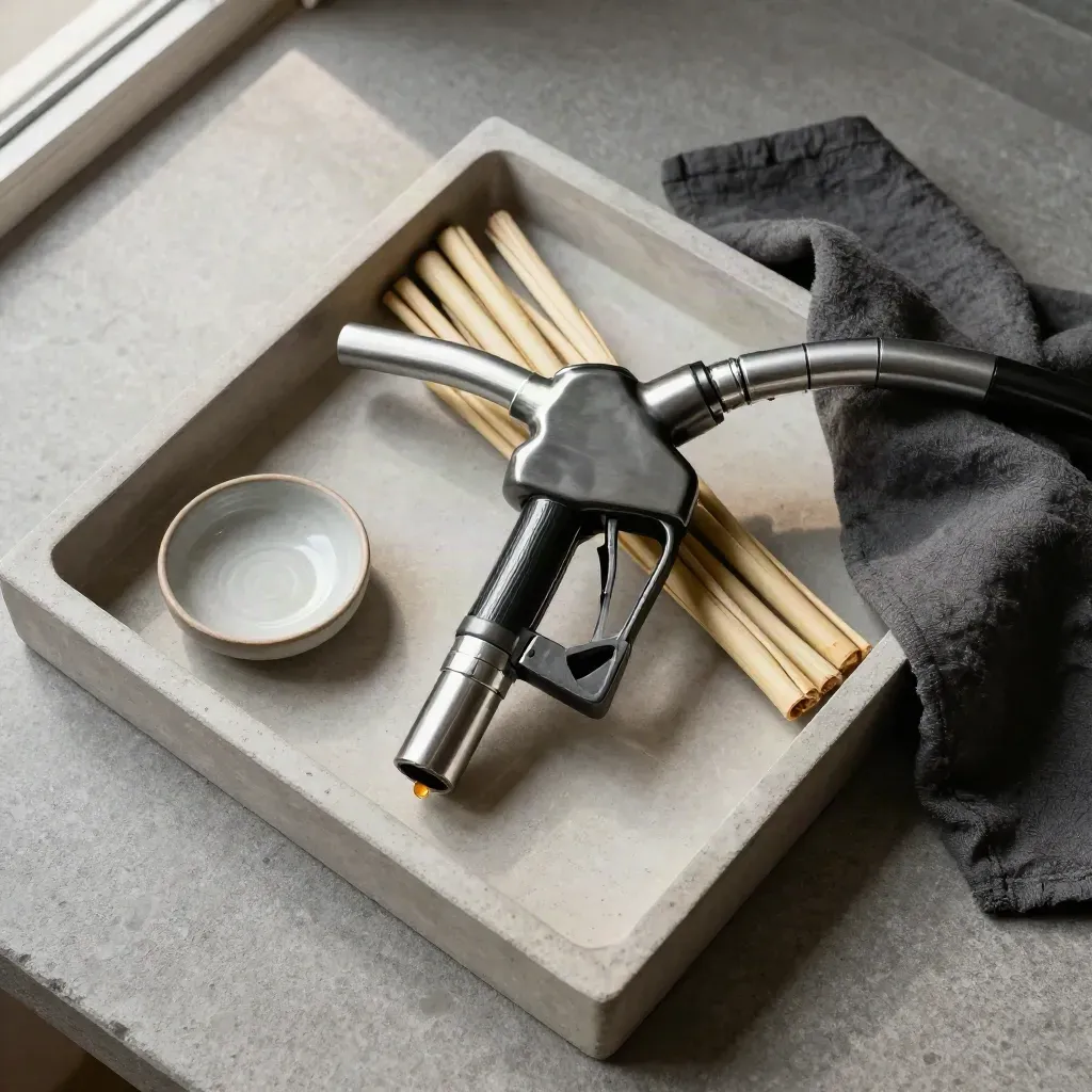 Overhead still life of a fuel nozzle, cane stalks, ceramic dish and cloth on stone.