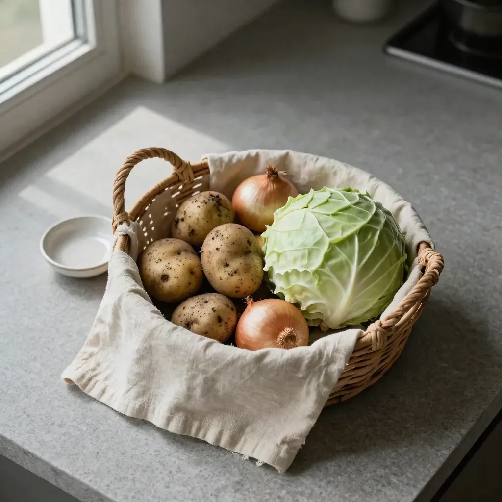 Overhead basket of potatoes, onions and cabbage on limestone with folded linen