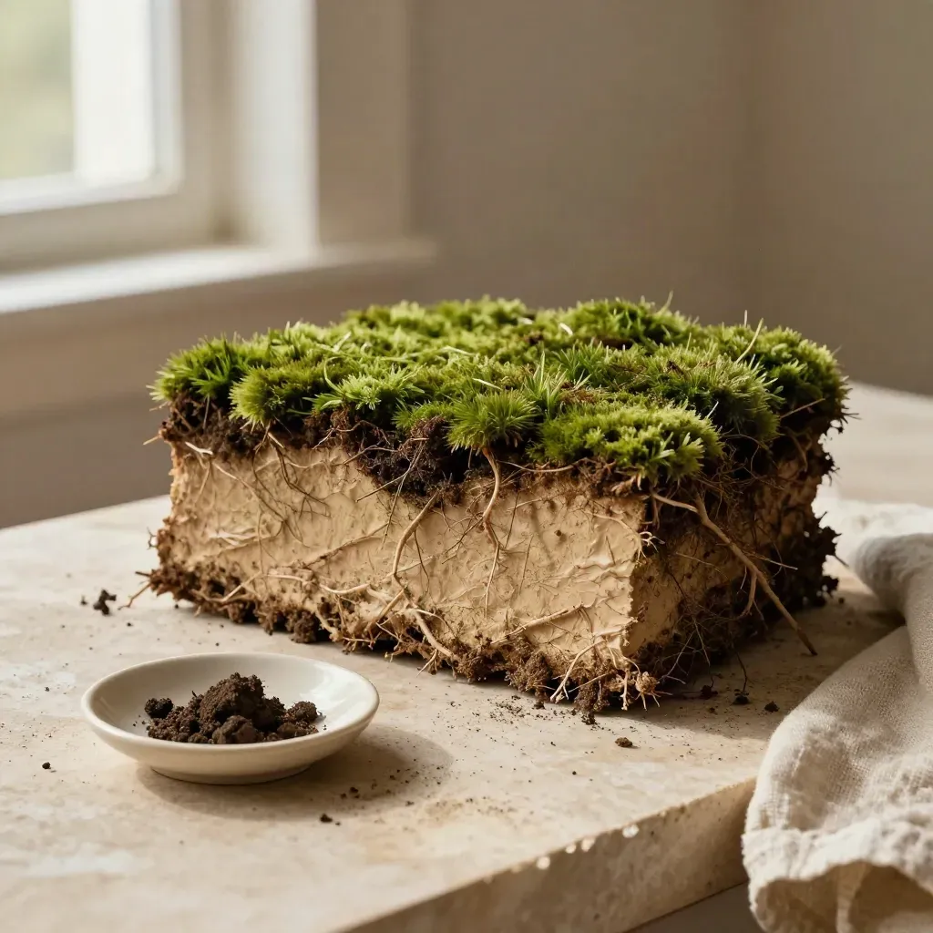 Turf-and-soil slice with roots, moss, ceramic dish, and linen on pale plaster.