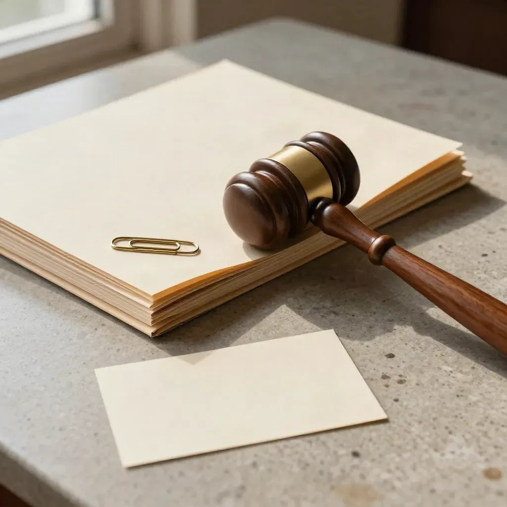 Wooden gavel, blank folders, and brass clip on a stone desk in soft light