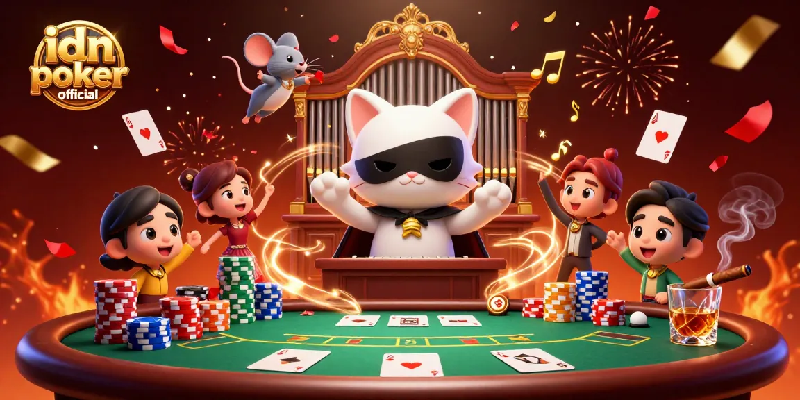 Mainkan idn poker official dengan suasana meriah di kasino, tumpukan chip, dan kartu.