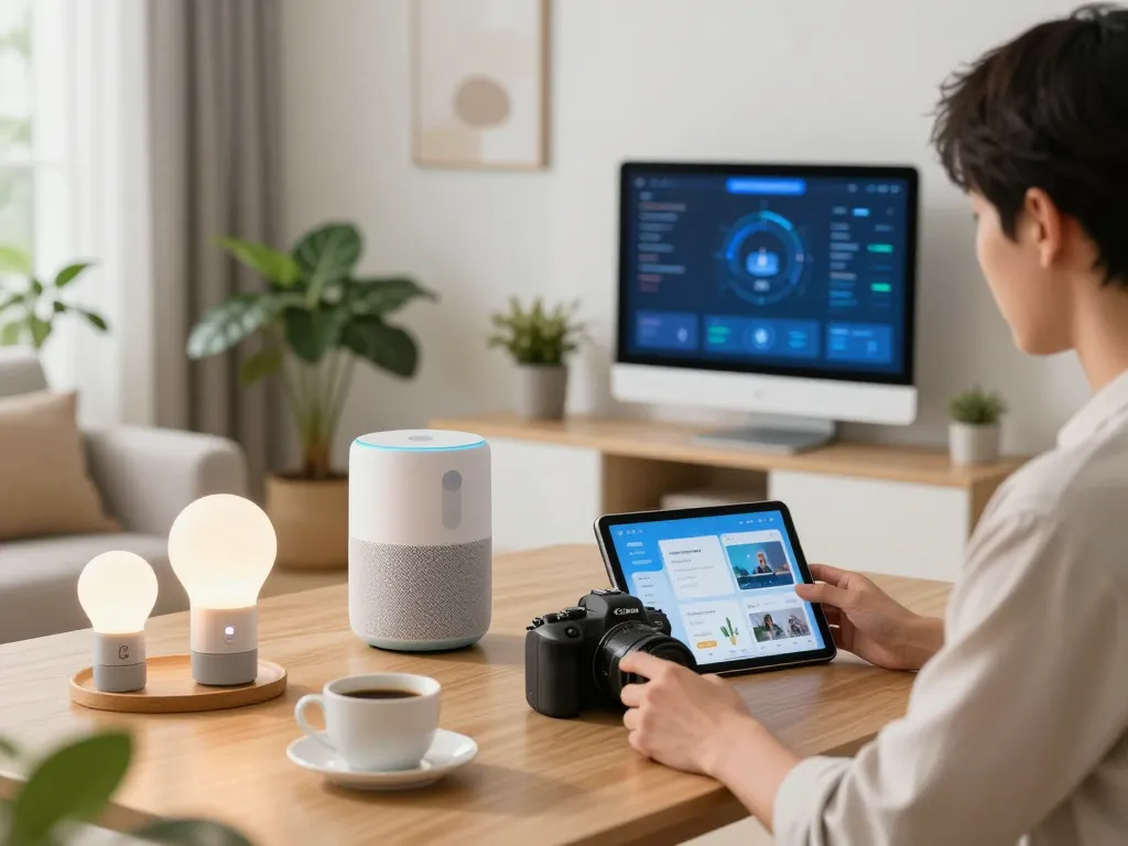 Engaged individual setting up tech gadgets for home in a modern living room, showcasing smart speakers and devices.