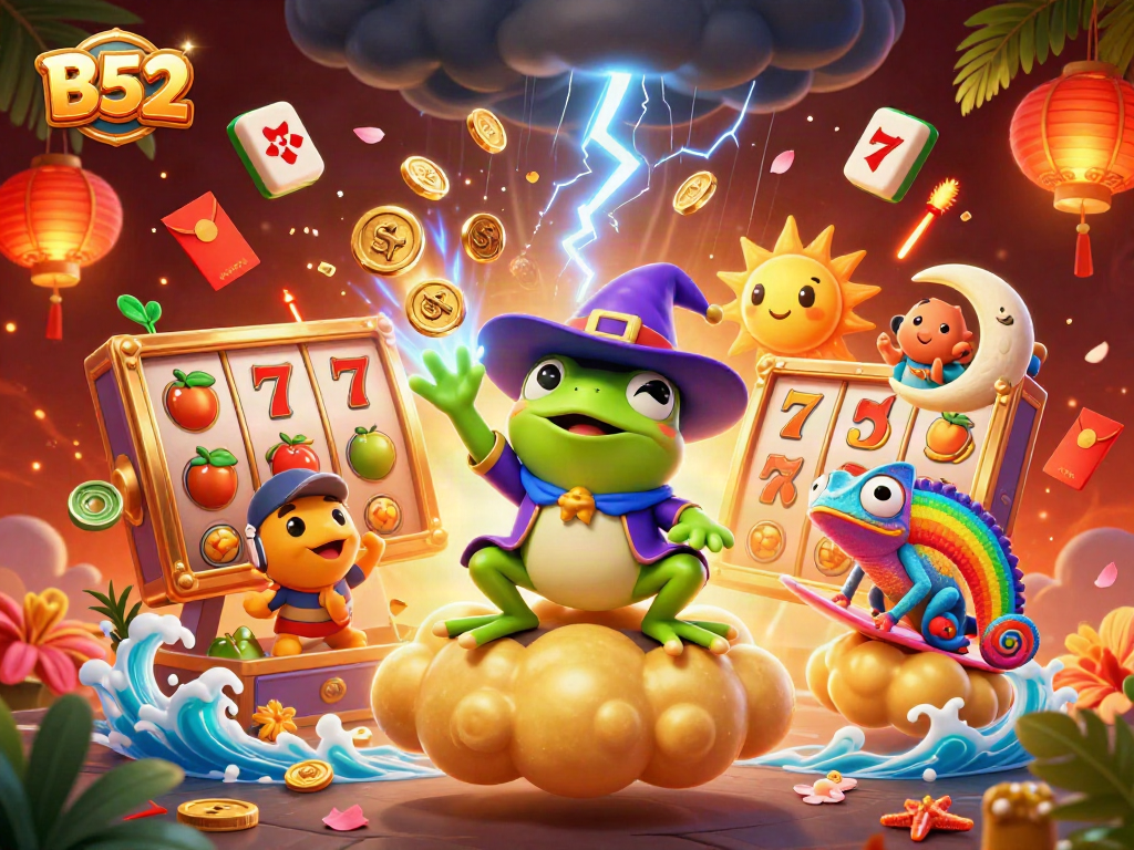 B52 gaming excitement with vibrant characters and rich casino elements in a sparkling scene