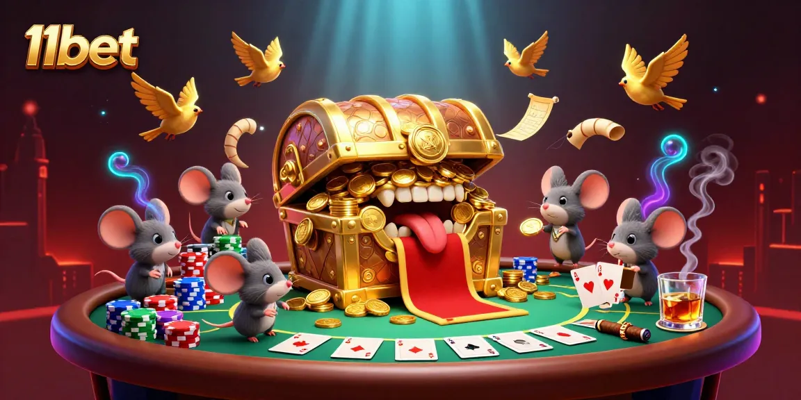 Engage with thrilling poker action at 11bet featuring a treasure chest and vibrant gaming elements.