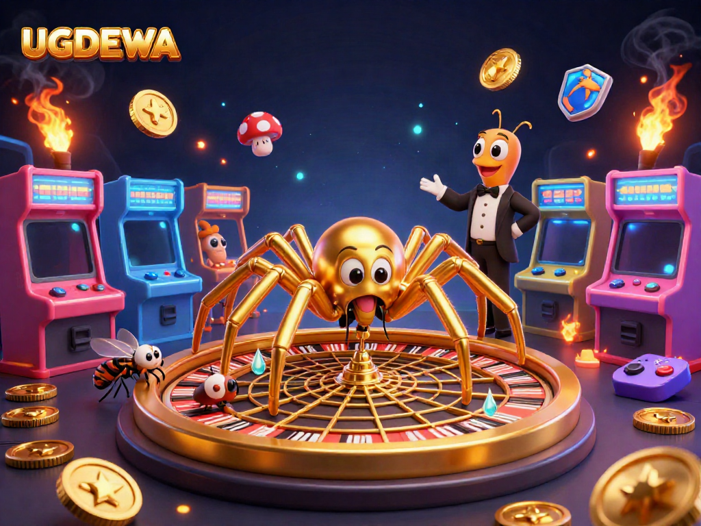 Experience the thrill of UGDEWA with a golden spider spinning a roulette web and a nervous fly placing bets.