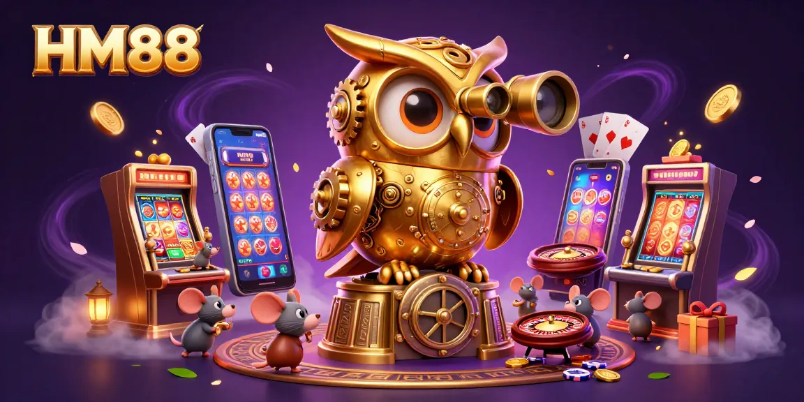 Experience thrilling gameplay with the casino HM88 illustrated in a lively 3D scene featuring iconic gaming elements.