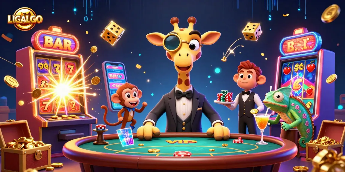 LIGALGO showcases a vibrant casino scene with a high-roller giraffe and engaging slot machines bursting with excitement.