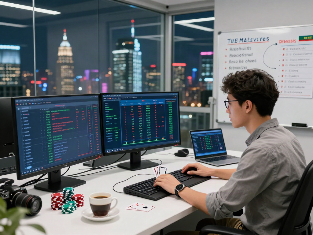 In a modern gaming verification office, a professional analyzes data for 먹튀스팟, surrounded by betting statistics and gaming paraphernalia.