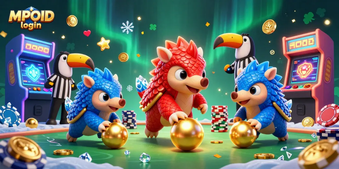 Engage with MPOID login for a thrilling casino experience featuring rival pangolins and interactive arcade elements.