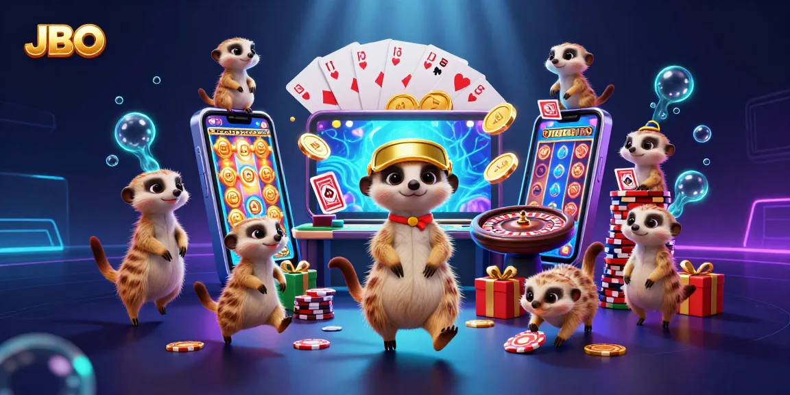 Engaging scene showcasing JBO's vibrant casino operations with meerkats and dynamic game elements.