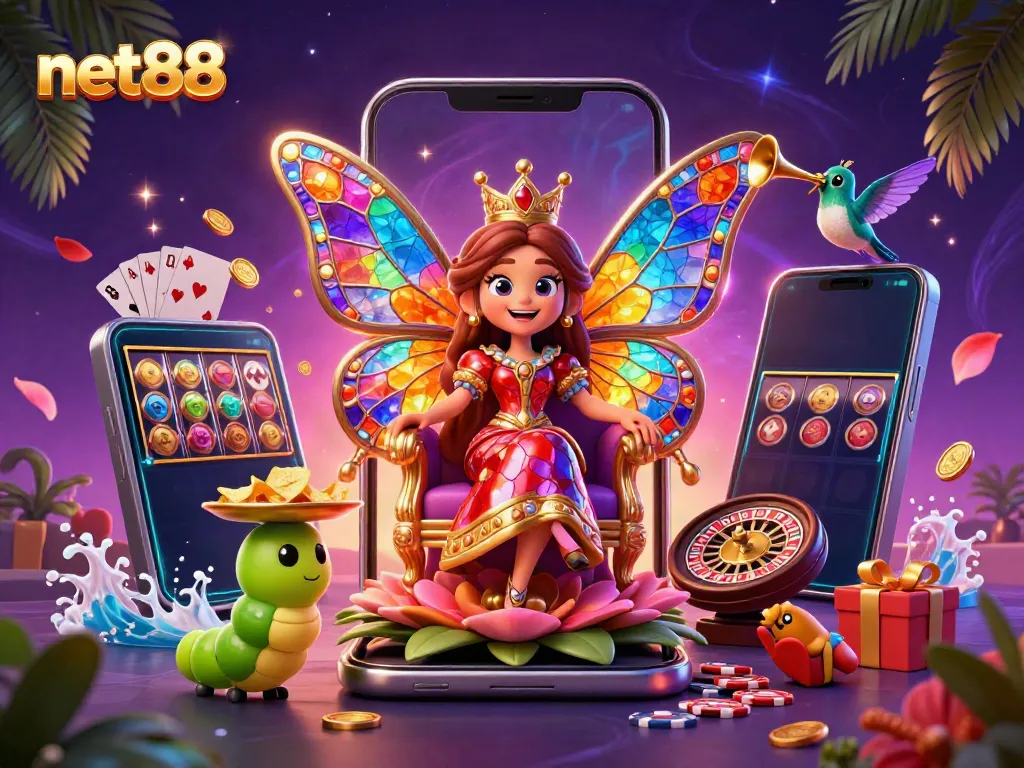 Experience thrill with net88's vibrant butterfly queen and dynamic casino gaming elements