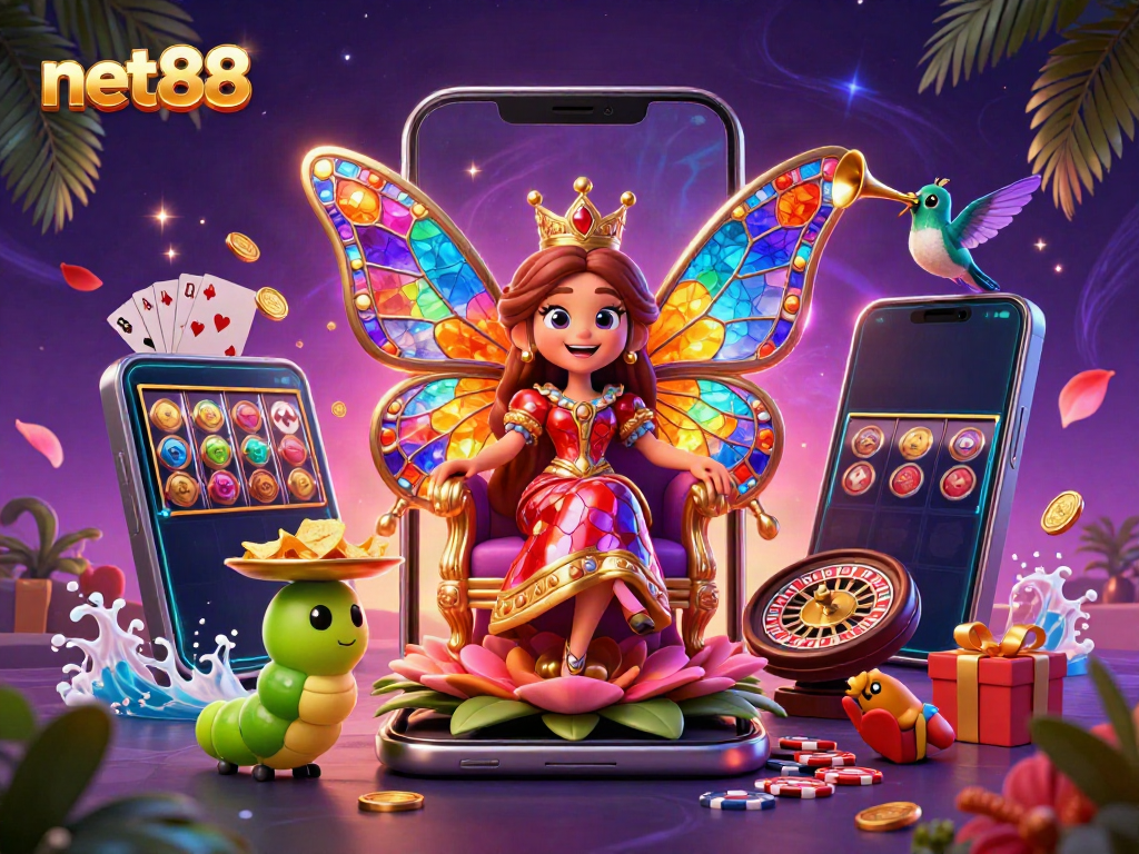 Experience thrill with net88's vibrant butterfly queen and dynamic casino gaming elements