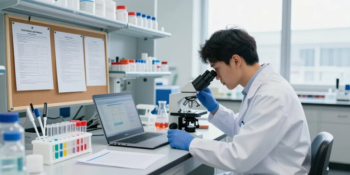 Scientist analyzing COA-verified peptides Canada in a modern research lab, showcasing meticulous quality control.