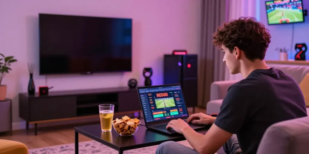 Exciting online gaming experience on RED88 platform in a cozy living room.