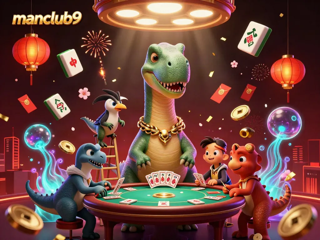 Engage with manclub9 at a vibrant casino scene featuring a towering brontosaurus and lively card dealing raptor.