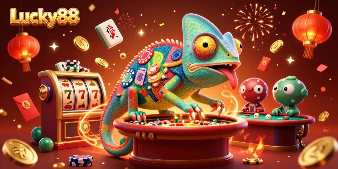 Engage with Lucky88’s casino atmosphere featuring vibrant chameleon and slot reels in action.