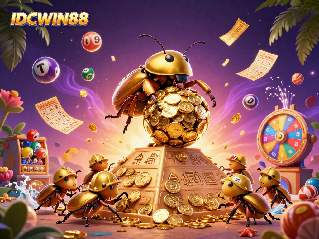 Experience thrilling gameplay at IDCWIN88 with gold coins, dynamic lottery balls, and casino excitement.