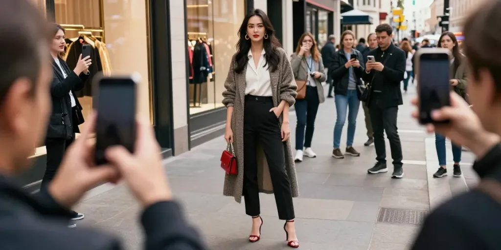 Celebritygiant showcases a fashionista in an urban scene, highlighting latest trends.