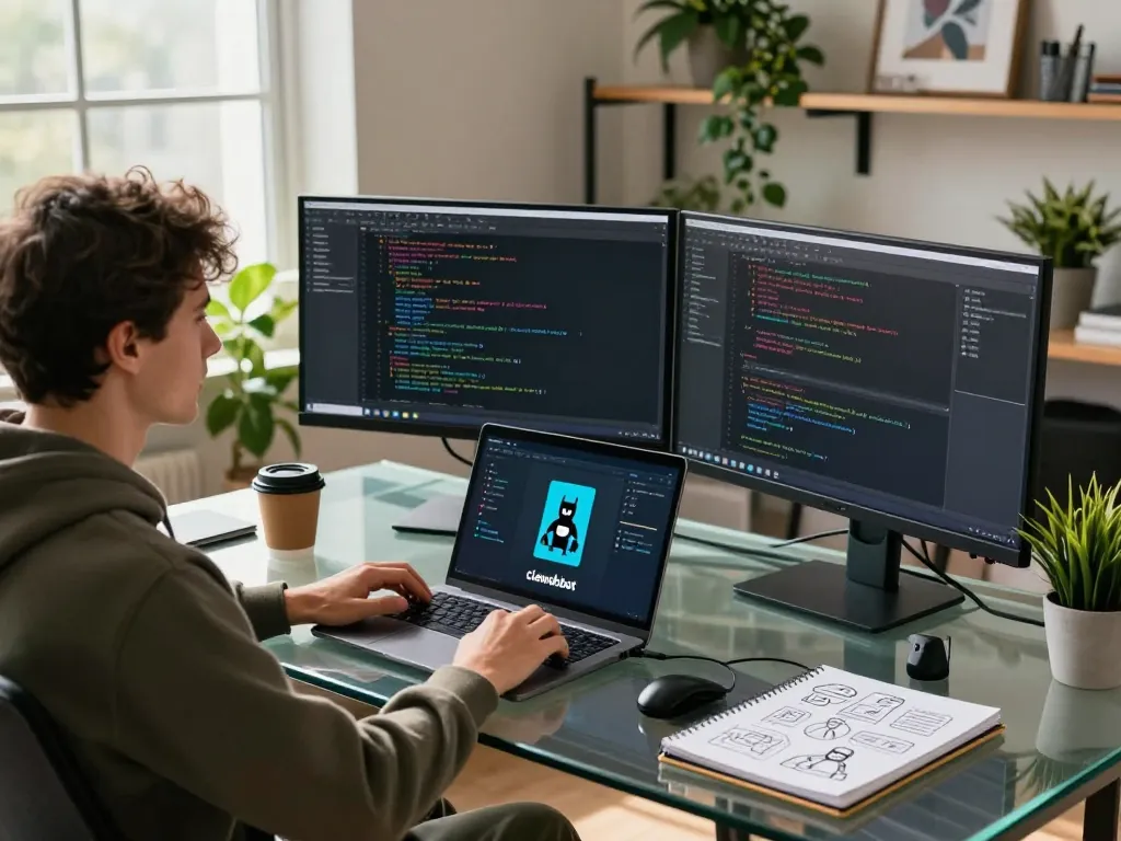 Clawdbot mac workspace with developer coding and integrating tools in a bright, modern office environment.