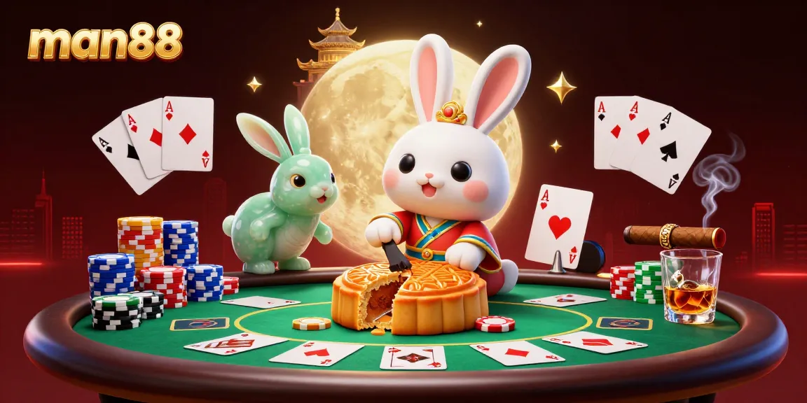Engage with man88 through dynamic poker action featuring a whimsical moon rabbit and vibrant casino elements.