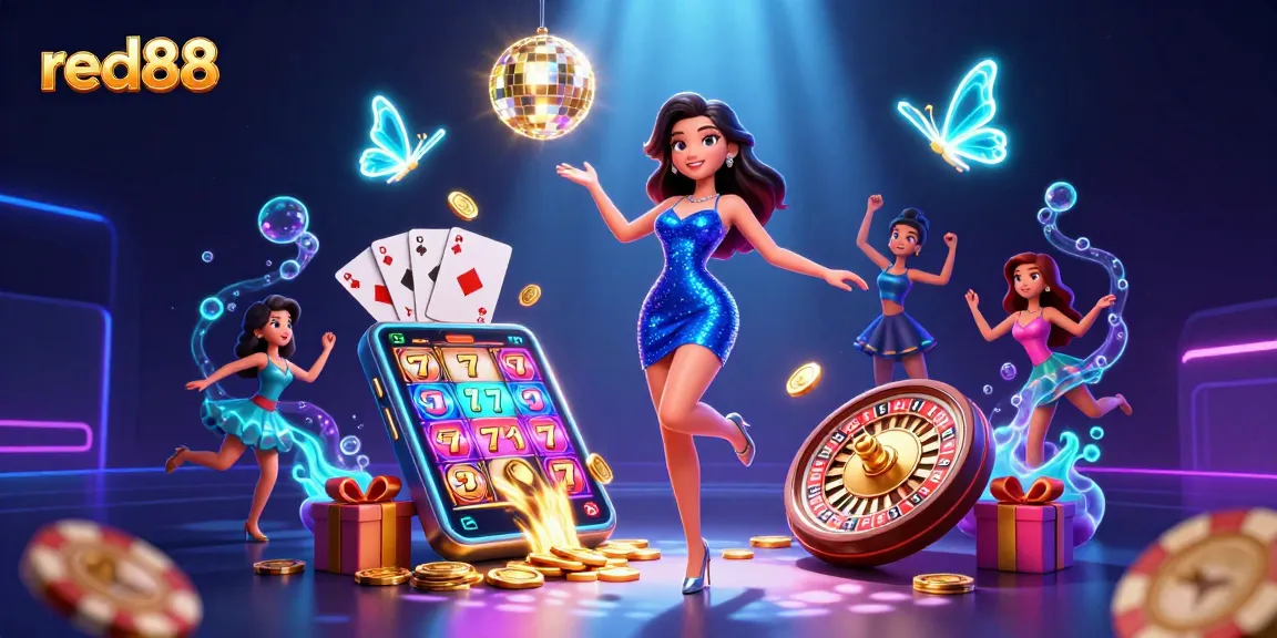 Experience red88 with vibrant slot games, gold coins, and a glamorous atmosphere in this animated illustration.